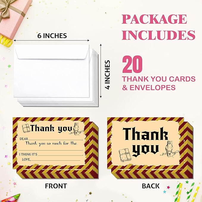 Magic School Kids Thank You Cards, Magical Wizard Thank You Card For Halloween Birthday Party, Kids Birthday Cards Fill In The Blank, 20 Pack Cute Greeting Cards With Envelopes For Boys Girls, 004