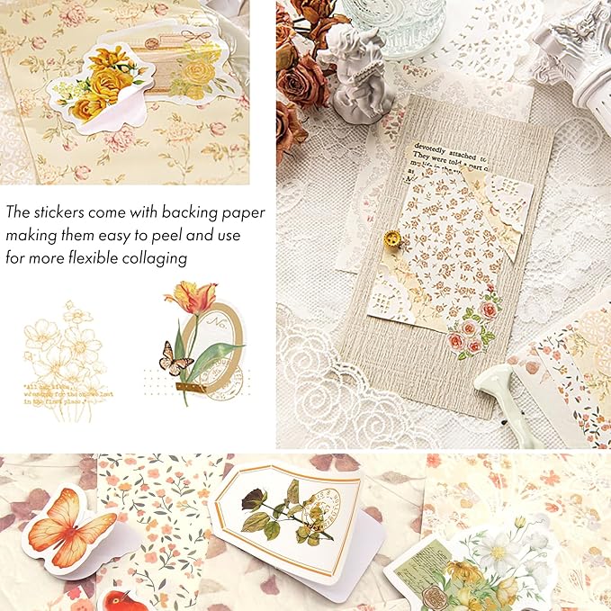 Vintage Floral Scrapbook Paper & Journaling Stickers (400pcs) Assorted Set - 4 Pack Junk Journal Supplies for Bullet Journaling, Retro Crafts, Planner, Mixed Media, Collage Card Album