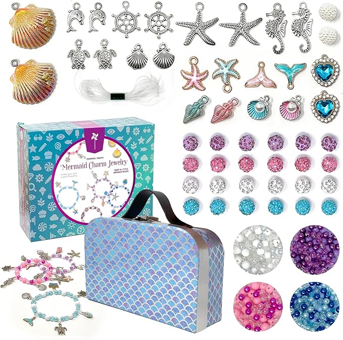Pinwheel Crafts Mermaid Charm Bracelet Making Kit with Storage Case - DIY Kids Bracelet Making Kit for Girls 8-12 - Birthday Gift & Craft Supplies with Beads and Ocean Charms