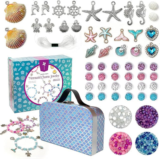 Pinwheel Crafts Mermaid Charm Bracelet Making Kit with Storage Case - DIY Kids Bracelet Making Kit for Girls 8-12 - Birthday Gift & Craft Supplies with Beads and Ocean Charms