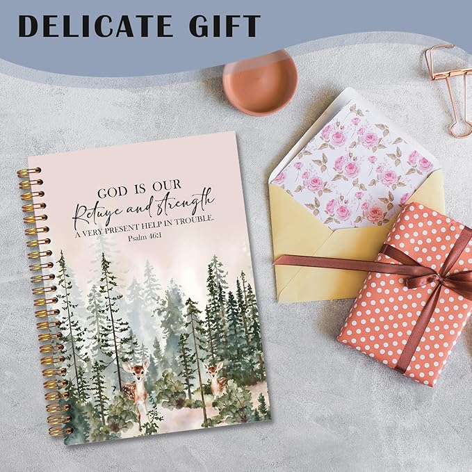 Woodland Christian Spiral Notebooks, Psalm 46:1 Bible Journal, Scripture Journals for Writing, Christian Gifts for Women Men, Religious Notebook for Note Taking, 5.5x8.3 Inch