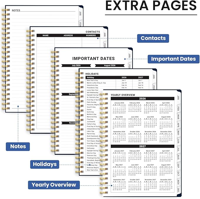 2026 Planner, Weekly and Monthly Planner for Women, January 2026 to December 2026, Pretty Hardcover 2026 Calendar Planner Book with Tabs, Inner Pocket, Spiral Bound, Perfect Office Home School Supplies - 6.3" x 8.5", Tiny Blues
