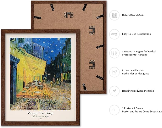 Monem Art Vintage Van Gogh Poster - Retro Cafe Terrace at Night Print - Impressionism Art - Fine Art - Classic Painting Art - Aesthetic Living Room or Bedroom Wall Decor - 16x20 Brown Framed