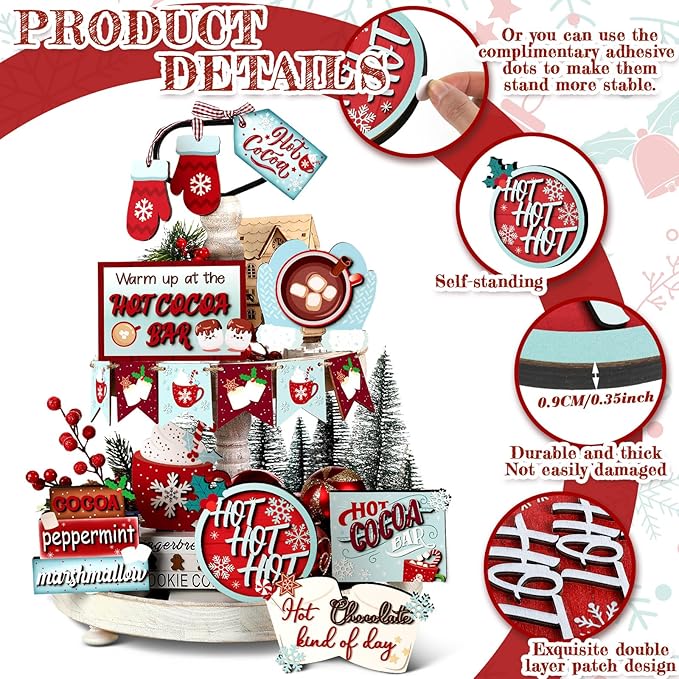 Kajaia 15 Pcs Christmas Tiered Tray Decor Winter Tiered Tray Decorations Set Snowman Snowflake Gingerbread Man Hot Cocoa Wooden Signs Farmhouse Christmas Table Decorations(Hot Cocoa)