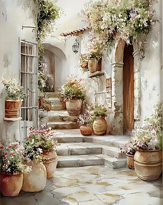 Painting by Numbers for Adults,Alleyway with Flower Adult Paint by Number Kits on Canvas,DIY Color by Numbers for Adults Beginners,Oil Paint by Color Easy Acrylic Painting Home Wall Decor 15.7X19.7