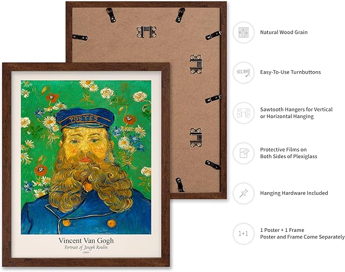Monem Art Vintage Van Gogh Poster - Retro Portrait of the Joseph Roulin Print - Impressionism Art - Postman Art - Fine Art - Classic Painting Art - Living Room Wall Decor - 16x20 Brown Framed