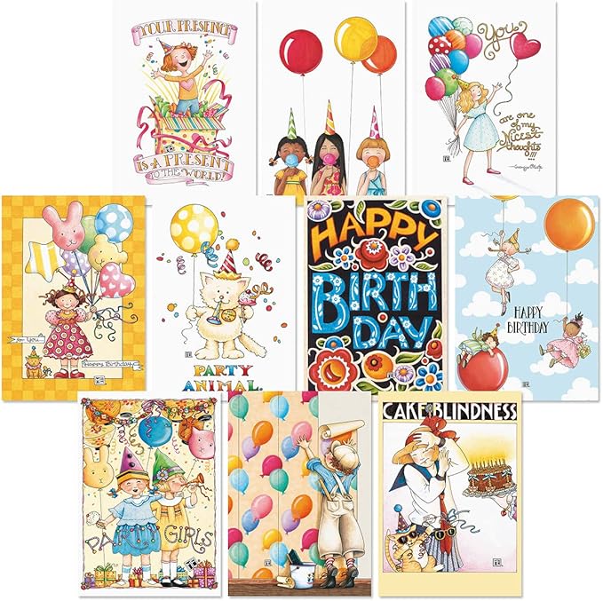 Current Mary Bright Happy Birthday Greeting Card Set - Value Pack of 20 Cards With White Envelopes, 10 Designs, Large 5" x 7" Assortment
