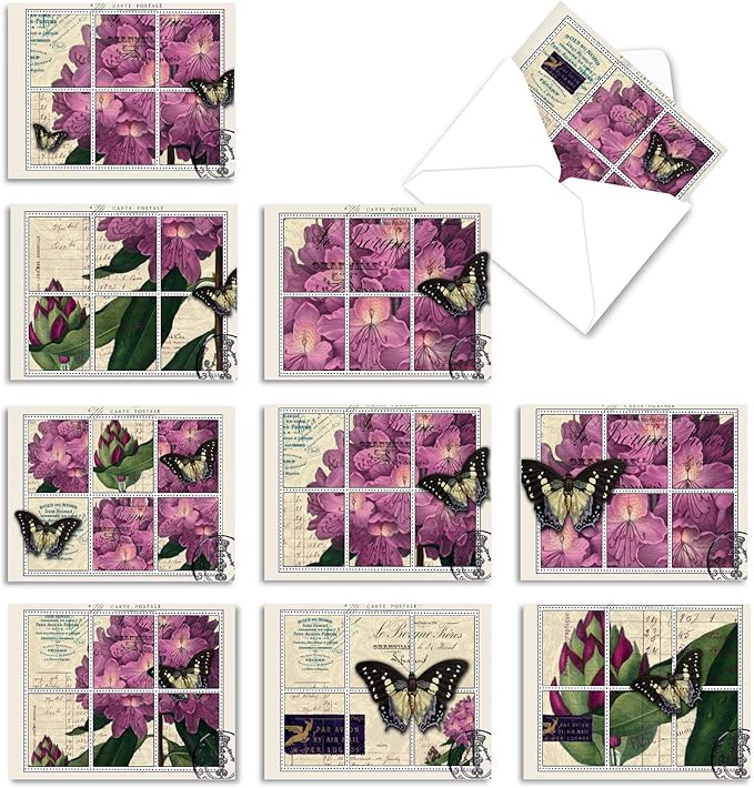 The Best Card Company - 10 Retro Blank Cards with Envelopes (4 x 5.12 Inch) - Artistic Boxed Assortment, Vintage Note Cards - Papillon Post M3981