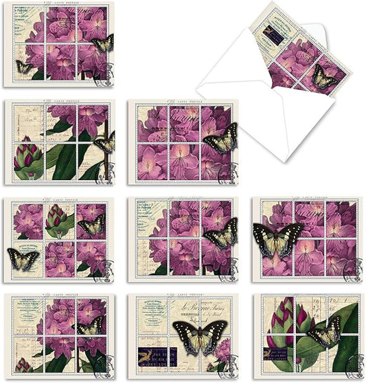 The Best Card Company - 10 Retro Blank Cards with Envelopes (4 x 5.12 Inch) - Artistic Boxed Assortment, Vintage Note Cards - Papillon Post M3981