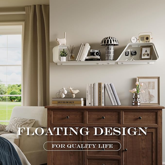 Floating Shelves - Set of 3 Wall Mounted Metal Shelves with Unique Design for Wall Storage, Book Shelf, Display Shelves for Bathroom, Bedroom, Kitchen, Living Room, White