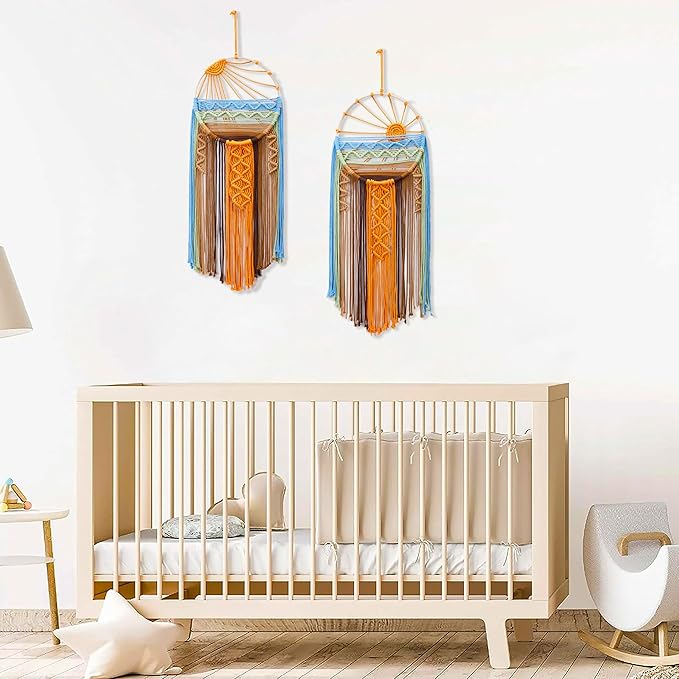 2 Pack Macrame Sun Wall Decor Hanging Tapestry Sunrise Sunset Wall Art Set, Hand Woven Boho Tapestries Colorful Decor for Bedroom Living Room Nursery Apartment (2 Pcs)
