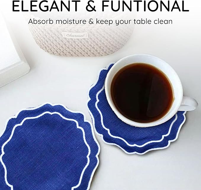 Drink Coasters Set of 6, 6x6 inch, Absorbent Linen Drink Mats with Scalloped Edge, Reusable Handmade Coffee Coasters for Home Decor & Tabletop Protection & Gift Giving (Navy)