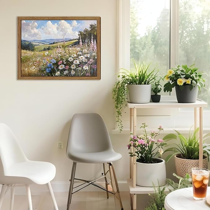 Framed Vintage Wildflower Canvas Wall Art, Nature Botanical Floral Wall Decor Pictures, Rustic Farmhouse Daisy Landscape Paintings Prints for Living Room Bedroom Bathroom Office 16x24 inch