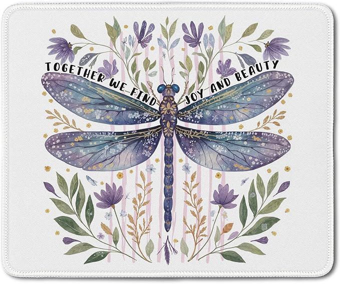 Floral Dragonfly Mouse Pad, Inspirational Together We Find Joy and Beauty Mouse Pads Mousepad for Desk Home Office Dorm Computers Laptop, Aesthetic Office Supplies Desk Accessories, 9.5x7.9 Inch