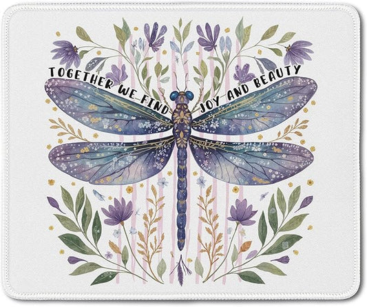 Floral Dragonfly Mouse Pad, Inspirational Together We Find Joy and Beauty Mouse Pads Mousepad for Desk Home Office Dorm Computers Laptop, Aesthetic Office Supplies Desk Accessories, 9.5x7.9 Inch