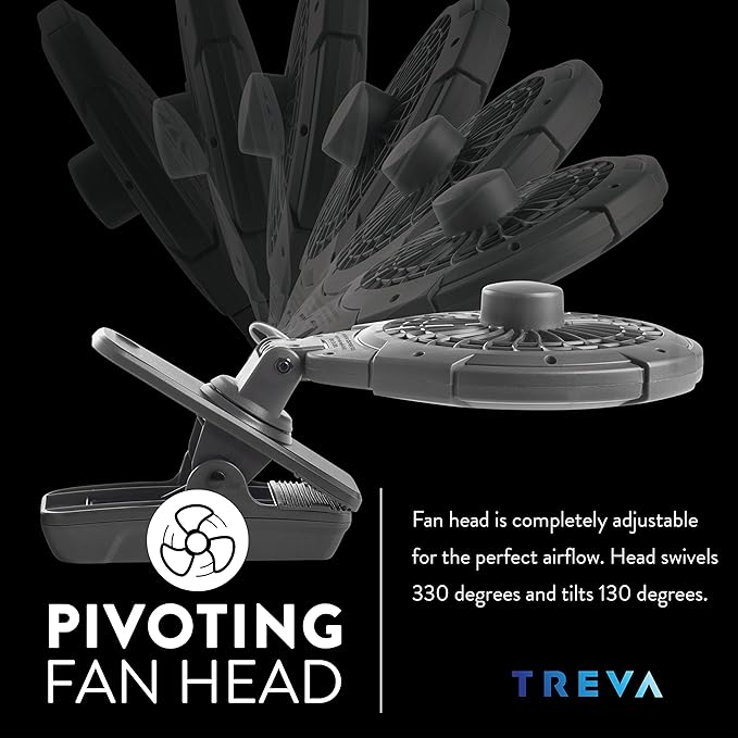 Treva 5 Inch Two Speed Battery & USB Powered Clip On Fan - Slim and Portable Cooling Travel Fan with USB - Gray