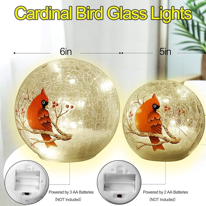 Crackle Glass Cardinal Lamp Battery Operated Globe Lamp for Women Stylish Cardinal Decor Ornaments Red Bird Pattern Stained Glass Mother's Day Gifts 2 Pack (6in & 5 in) (No Timer)