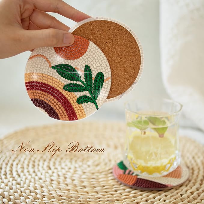 Temlum 6 Pcs Diamond Painting Coasters with Holder, Abstract Plants Coasters Diamond Art Kits for Beginners, Adults Small Diamond Painting Kit Art Craft Supplies