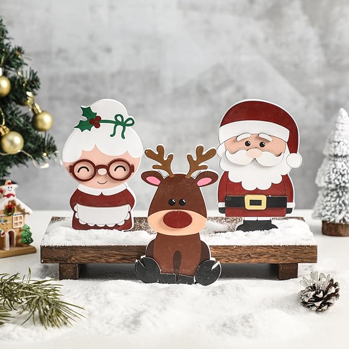 Amorita Wooden Christmas Tiered Tray Decor, 3 Piece Set Santa and Mrs. Claus with Reindeer, Xmas Table Centerpieces -Elegant Santa Christmas Decor for Festive Holiday Table Decorations