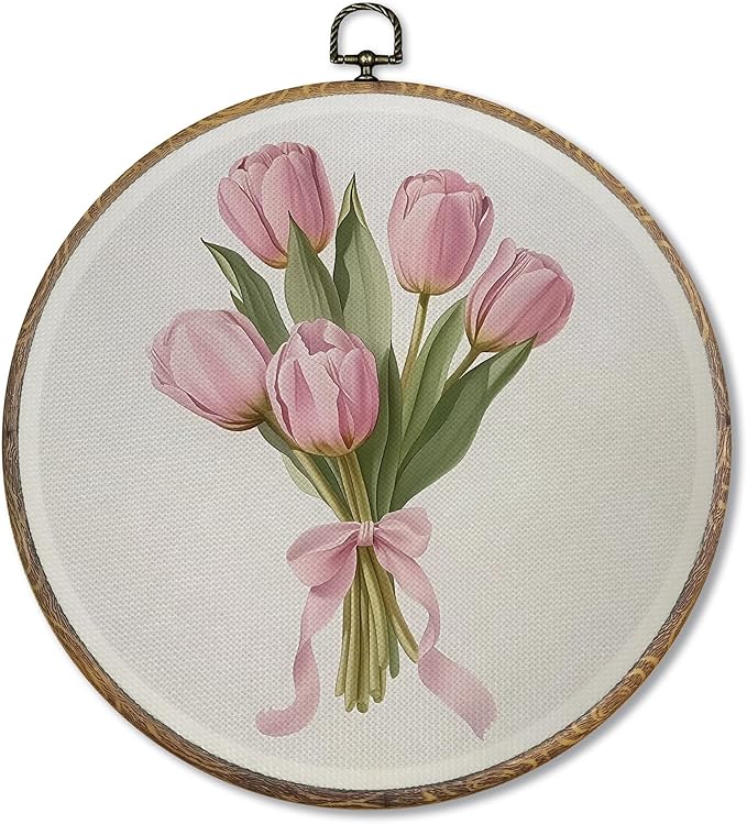 FUGWN Coquette wall decor Pink Tulip Floral Round Wall Art Decor Framed, Pink Bow Tulip Flower Bouquet Canvas Artwork Prints, Floral Wall Hanging Decorations for Girly Bedroom Room Home, 10x10 Inch