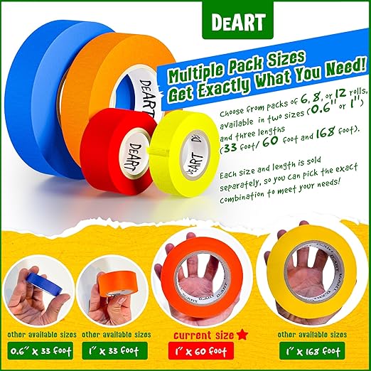 DEART 6 Pcs Colored Masking Tape, Extra Long 1008 Feet or 360 Feet x 1 Inch Painters Tape, Color Painter Tape for Arts & Crafts Labeling or Coding, Kids Art Supplies (360 ft)