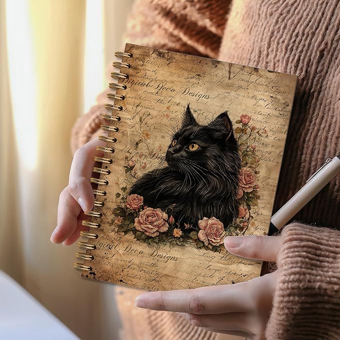 Vintage Moody Black Cat Notebook, Cats Lover Mom Lady Gifts Journal, Cat Office Supplies, Retro Pink Flower Kitten Aesthetic Spiral Journal Notebook, 5.5x8.3 Inch