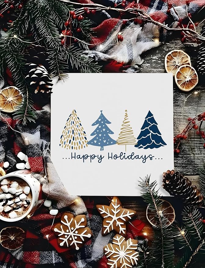 Navy Blue and Gold Christmas Tree Wooden Box Sign, Preppy Christmas Desk Decor, Minimalist Xmas Tree Winter Happy Holiday Wood Signs for Home Office Desk Shelf Tabletop Decor, 5x5 Inch Decorative Signage