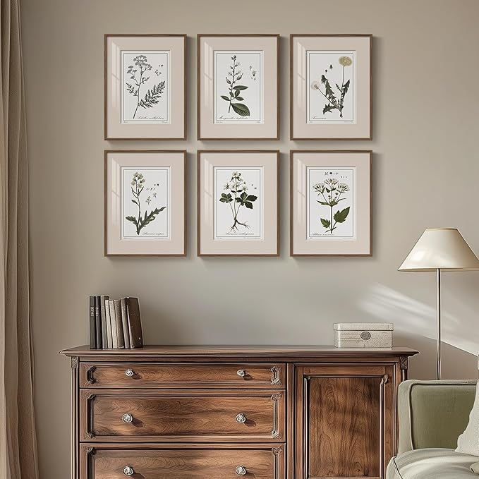 Framed Vintage Botanical Wall Art for Living Room, 6 Piece Rustic Floral Canvas Painting Prints Artwork for Kitchen Walls, Neutral Flower Pictures for Bedroom Dining Room Farmhouse Wall Decor, 11x14