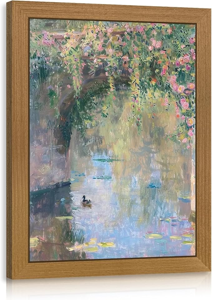 CAZLOUC Vintage Monet Floral Wall Art, Rustic Still Life Canvas Painting, Impressionist Pond Duck Wall Decor, Watercolor Botanical Landscape Poster Print for Bedroom Bathroom Wood Framed 8x10 Inch