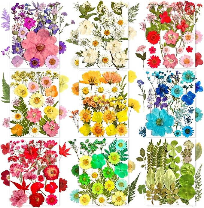 182Pcs Dried Pressed Flowers for Resin Molds, Assorted Real Natural Bulk Dry Floral Leaves for DIY Art Crafts, Epoxy Jewelry, Candle, Soap Making, Nails Decors Gifts