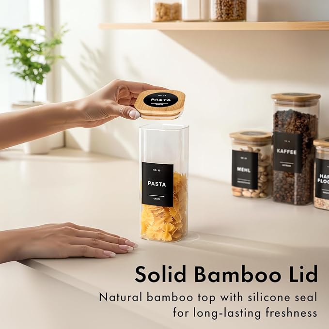 Square Glass Storage Containers with Bamboo Lids 12-Pack (4x 33.8 oz, 8x 20.2 oz) Airtight Storage Jars with Lids for Food, Stackable Glass Kitchen Canisters with (Black Label)