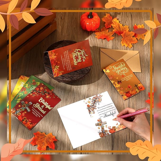 100 Sets Thanksgiving Greeting Cards with Envelopes Religious Cards with Bible Verses Pumpkin Thank You Bulk Kraft Envelopes for Fall Autumn Thanksgiving Party Supplies, 4 x 6 Inch