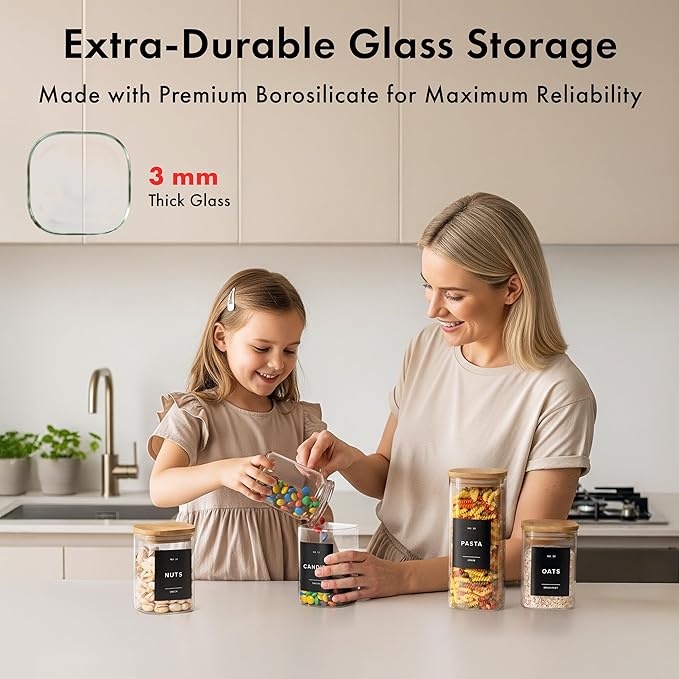 Square Glass Storage Containers with Bamboo Lids 12-Pack (4x 33.8 oz, 8x 20.2 oz) Airtight Storage Jars with Lids for Food, Stackable Glass Kitchen Canisters with (Black Label)