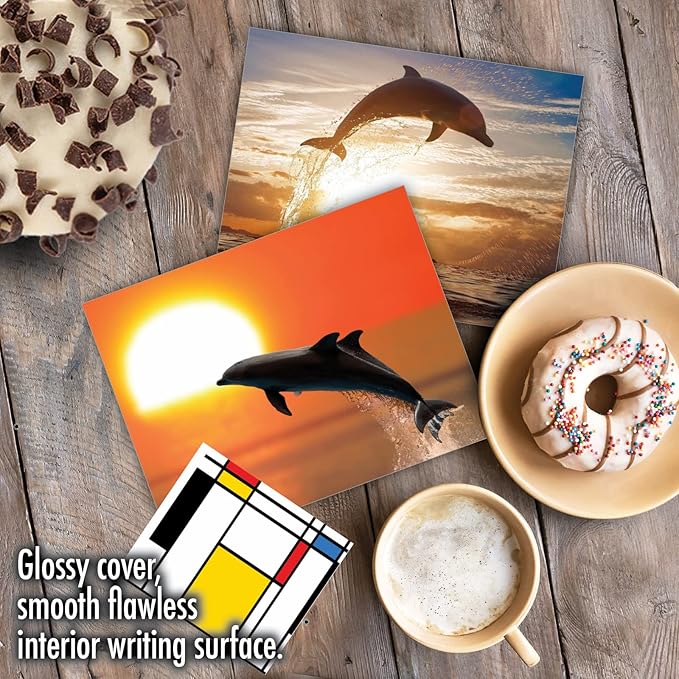 The Best Card Company - 10 Blank Animal Cards Boxed (4 x 5.12 Inch) - Assorted Pets, Zoo, Wildlife Cards for Kids - Sunset Dolphins M6460OCB-NB