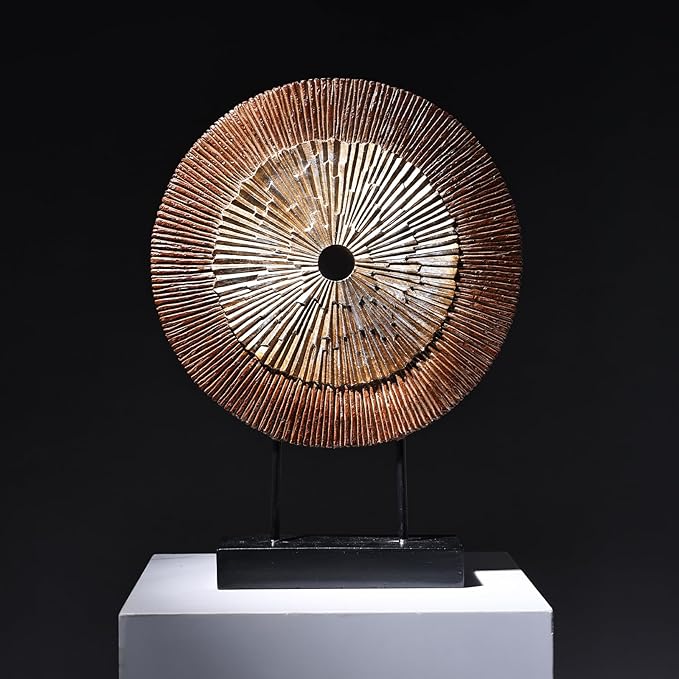 oliruim 12" Tall Abstract Brown Gold Round Sculpture - Unique Wood Color Home Decoration for Above Cupboard Decor, Living Room Coffee Table, Console, Office, Entrance, Table Centerpieces (Brown Gold)