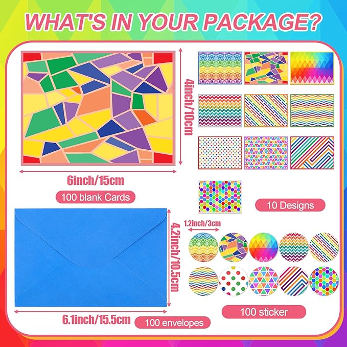 100 Pcs Blank Cards with Envelopes 4x6, Bright Patterns Blank Greeting Cards, 10 Designs, Ideal Stationary Set for All Occasions, Stationary with Matching Colored Envelopes and Stickers