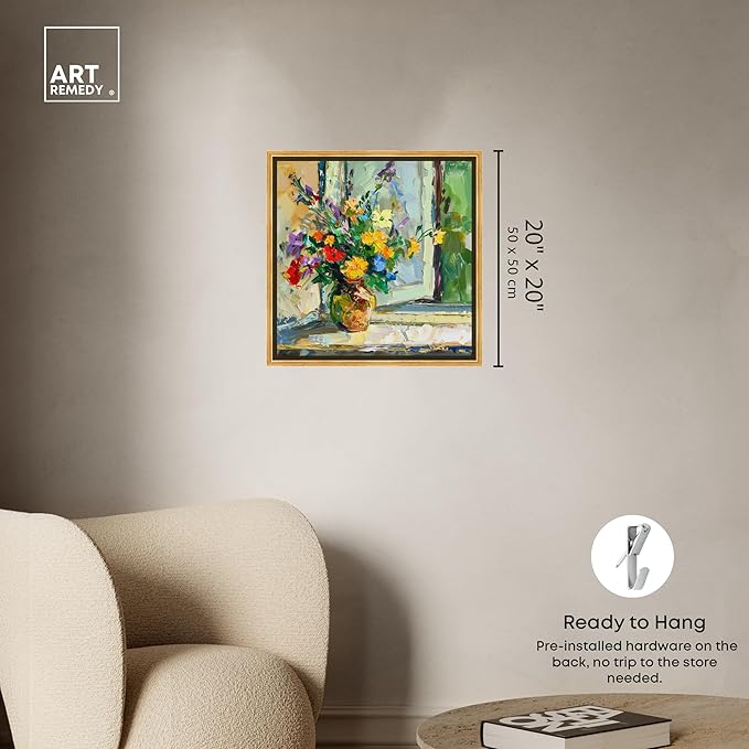 Art Remedy Vase By The Window Framed Impressionism 1 Piece Canvas Wall Art/Monet And Van Gogh Inspired Art, 21.5" x 21.5", Gold Frame