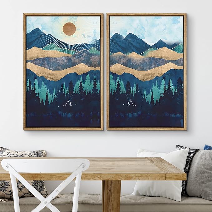 SIGNWIN Framed Canvas Print Wall Art Set Gold Blue Geometric Mountain Forest Landscape Nature Wilderness Illustrations Modern Art Scenic Colorful for Living Room, Bedroom, Office - 16"x24"x2 Natural