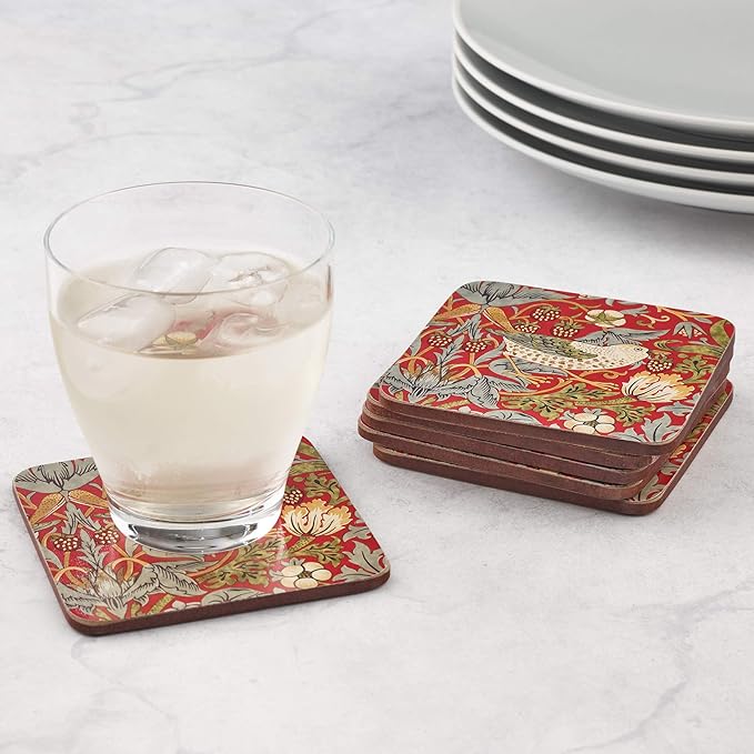 Pimpernel Morris & Co Strawberry Thief Red Coasters, Set of 6 - Stain Resistant & Heat Safe Fabric-Feel Square Coasters with Birds & Botanical Pattern for Stylish Dining & Entertaining
