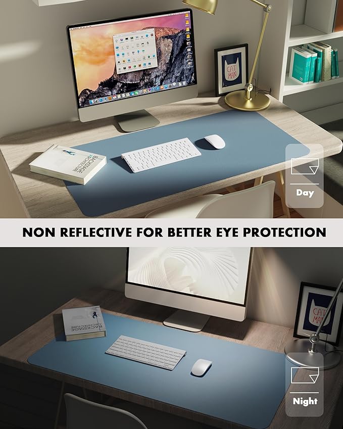 YSAGi Double-Sided Desk Pad, 35.4"x17"Leather Desk Mat, Eco Cork Desk Pad Protector,Large Mouse Pad,Waterproof Desk Blotter for Office/Home(Blue Grey)
