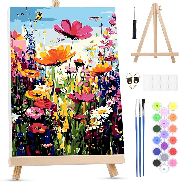 MXJSUA Wildflowers Framed Paint by Numbers for Adults Beginners, Easy Adults' Paint-by-Number Kits on Canvas with Easel, Acrylic Number Painting Crafts Kits Gifts for Home Decor, 8x12inch