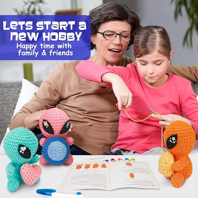 ekaus Crochet Kit for Beginners, Crochet Kit with Step-by-Step Video Tutorials, Crochet DIY Knitting Supplies for Adults, Crochet Aliens(45%+ Yarn)