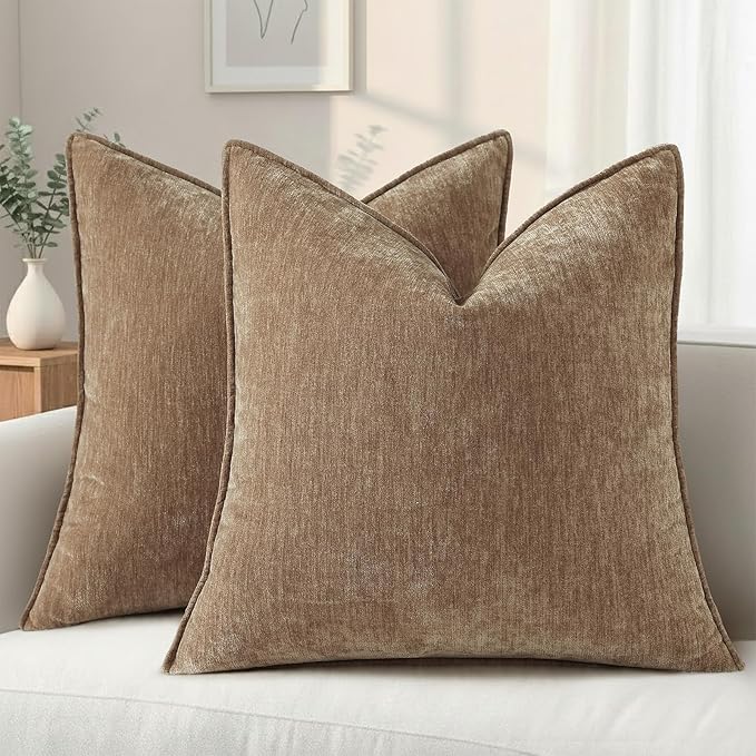 decorUhome Spring Couch Euro Sham Throw Pillow Covers 24x24 Set of 2, Decorative Soft Velvet Neutral Chenille Pillow Covers with Elegant Design for Sofa Bed Living Room Home Decor, Brown