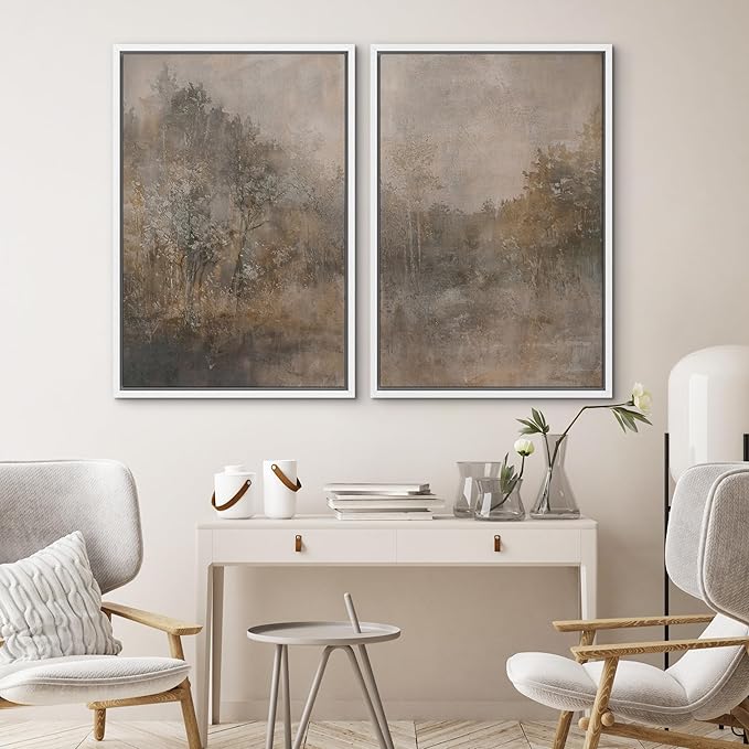 SIGNWIN Framed Canvas Print Wall Art Set Misty Forest Landscape Neutral Woodland Nature Illustrations Modern Art Scenic Colorful for Living Room, Bedroom, Office - 16"x24"x2 White