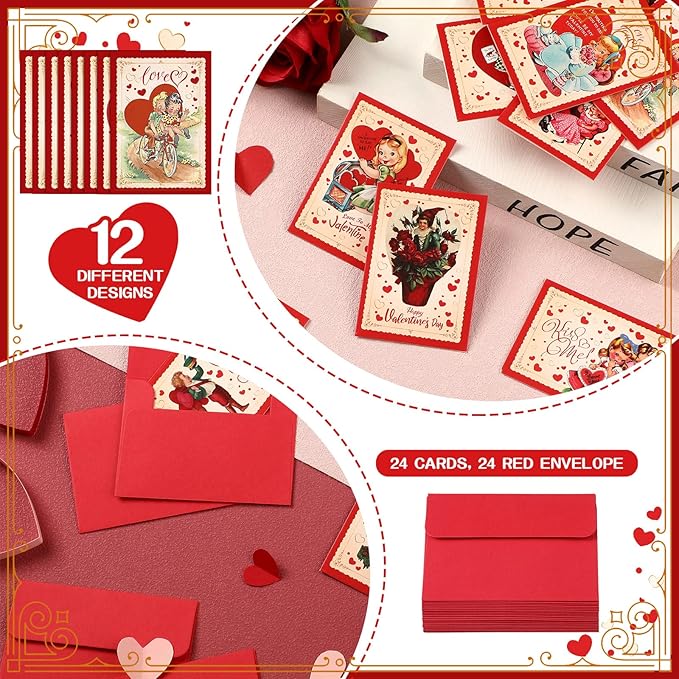Yinder 24 Set Mini Vintage Valentines Day Cards with Envelopes Vintage Retro Valentines Day Greeting Cards Assortment for Wedding Party Anniversary Classroom Home Office Business Exchange