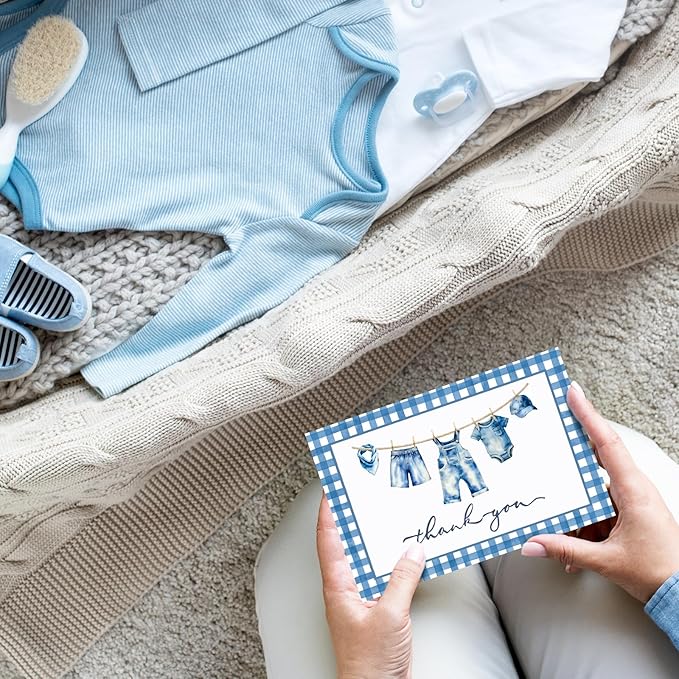 Whaline 24 Pack Blue Jean Baby Shower Thank You Cards Greeting Cards Blank Note Card with Envelopes Stickers for Birthday Gender Reveal, 4 x 6 Inch