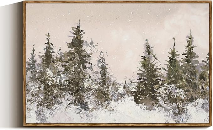 VIYYIEA Framed Canvas Wall Art, Large Vintage Christmas Picture Decor Indoor, 16x24in, Retro Winter Pine Forest Painting Artwork For Living Dining Room Hallway Fireplace, Holiday Decorations
