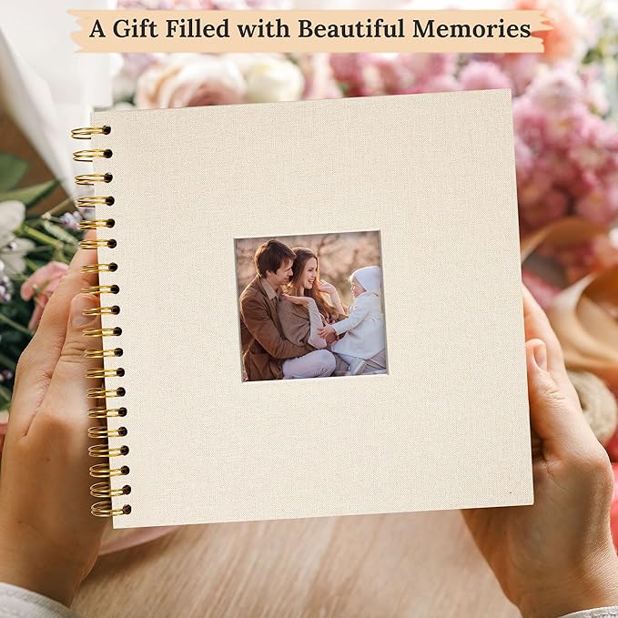 Scrapbook Photo Album Linen Cover, 10 x 10 Inch Hardcover Kraft White Pages Memory Book, for Travel Wedding Guest Book Christmas Baby Shower (20 Sheets/ 40 Pages,Beige)