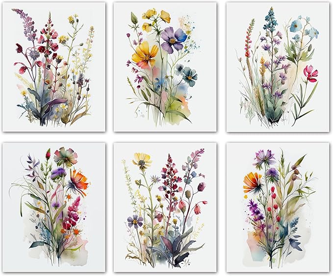 Colorful Wildflower Art,Watercolor Minimalist Wildflowers Art Print,Modern Botanical Plant Leaves Canvas Wall art,Blooming Flower Artwork for Garden Farmhouse Decor (Set of 6) - Unframed - 8X10 inch