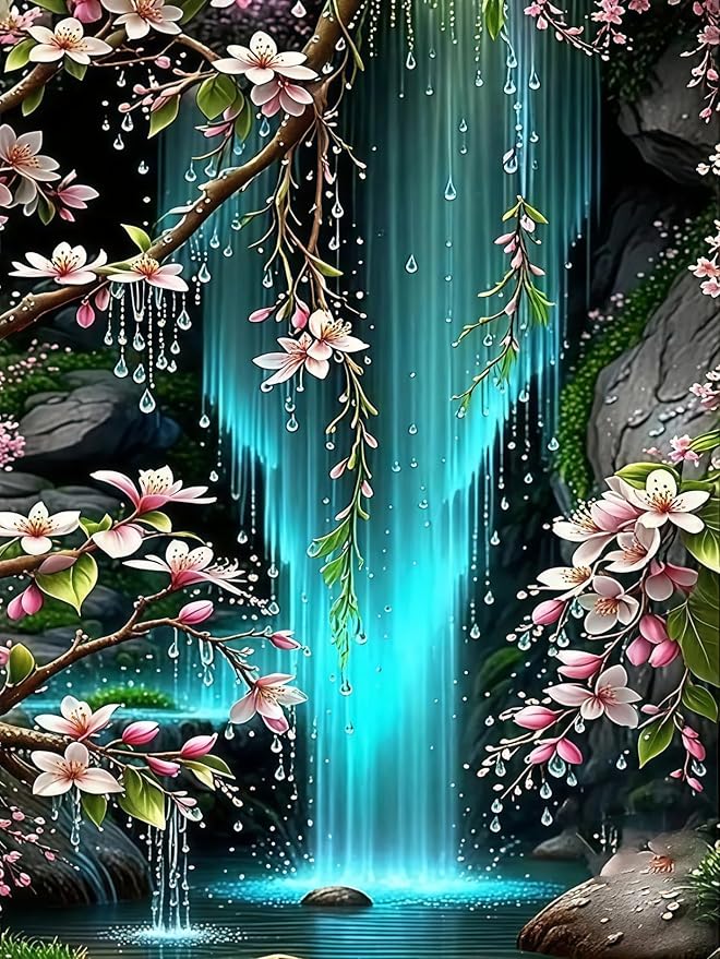 Diamond Art Kits for Adults Waterfall & Cherry Blossoms, DIY 5D Diamond Painting Kit for Beginners, Full Round Drill Gem Art Dots for Adults, Diamond Dots Paintings Crafts Home Wall Decor 12X16 Inch
